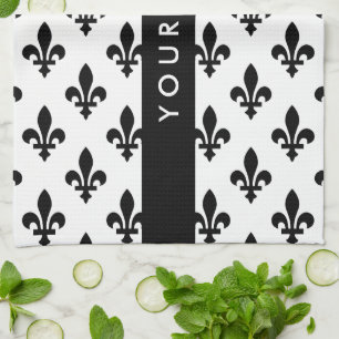 Fleur de Lis, Zwart op Wit, Zwart, Uw Naam Theedoek