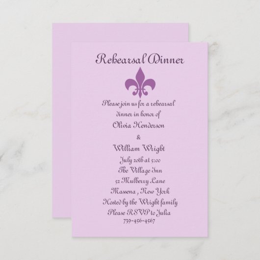 Fleur de Lise Rehearsal Dinner Invite Lilacs Kaart (Voorkant / Achterkant)