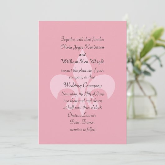 Fleur de Lise Wedding Invitation in  Pinks Kaart (Staand voorkant)