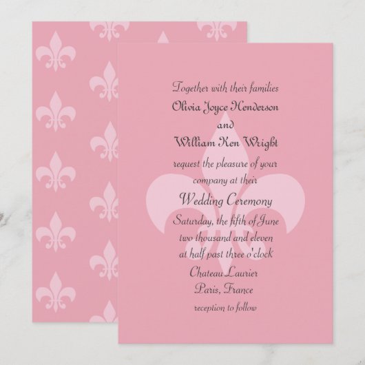 Fleur de Lise Wedding Invitation in  Pinks Kaart (Voorkant / Achterkant)