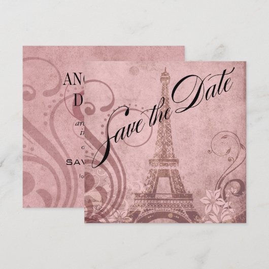Fleur de Paris Eiffeltoren Save the Date | roze Kaart (Voorkant / Achterkant)