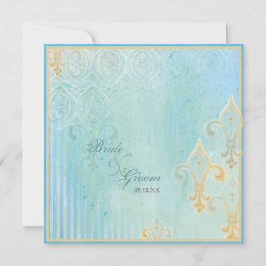Fleur di Lys Damask 2 Blauw - Bruiloft uitnodiging (Voorkant)