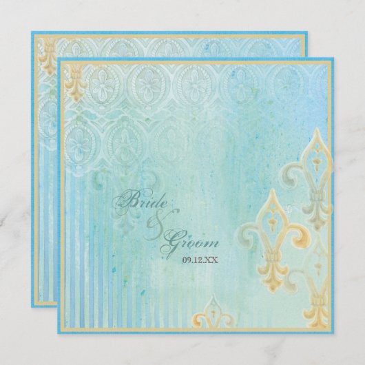 Fleur di Lys Damask 2 Blauw - Bruiloft uitnodiging (Voorkant / Achterkant)