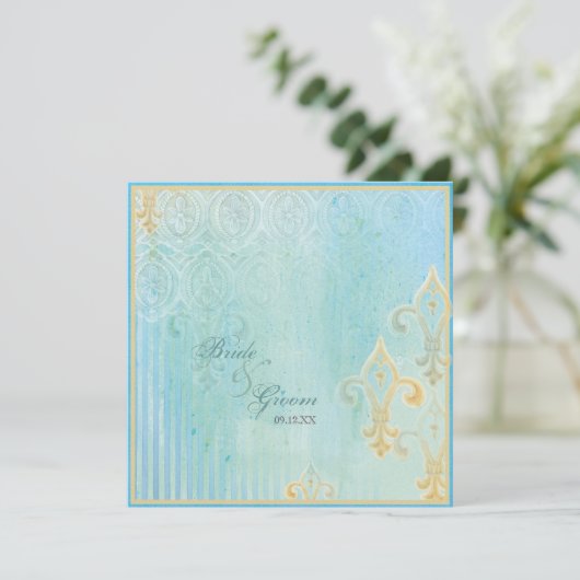 Fleur di Lys Damask 2 Blauw - Bruiloft uitnodiging (Staand voorkant)