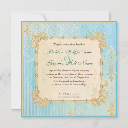 Fleur di Lys Damask 2 Blauw - Bruiloft uitnodiging (Achterkant)