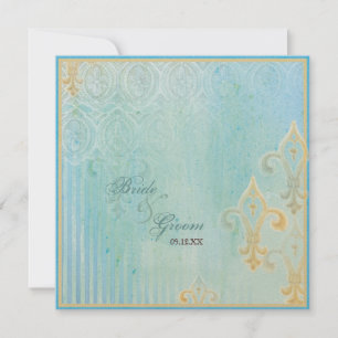 Fleur di Lys Damask 2 Blauw - Bruiloft uitnodiging