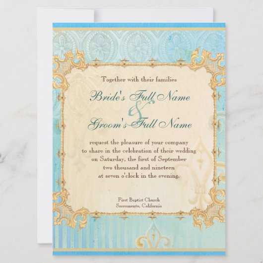 Fleur di Lys Damask 2 Blauw - Bruiloft uitnodiging (Achterkant)