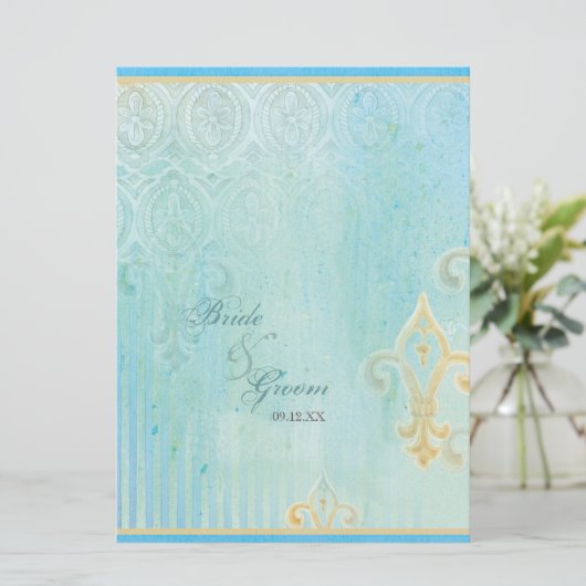 Fleur di Lys Damask 2 Blauw - Bruiloft uitnodiging (Staand voorkant)