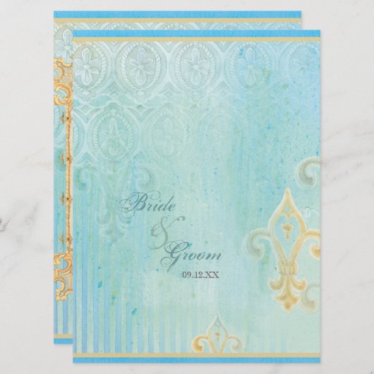 Fleur di Lys Damask 2 Blauw - Bruiloft uitnodiging (Voorkant / Achterkant)