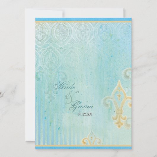 Fleur di Lys Damask 2 Blauw - Bruiloft uitnodiging (Voorkant)