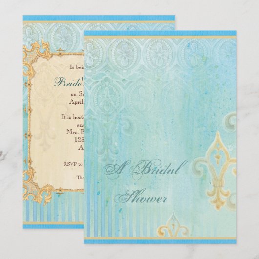 Fleur di Lys Damask 2 Blue - Wedding Invitation Kaart (Voorkant / Achterkant)