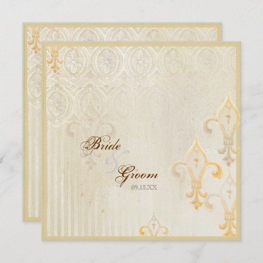 Fleur di Lys Damask 2 Cream bruiloft uitnodiging (Voorkant / Achterkant)