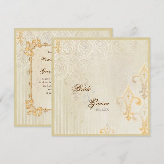 Fleur di Lys Damask 2 Cream bruiloft uitnodiging (Voorkant / Achterkant)