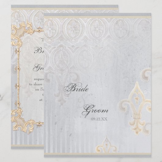 Fleur di Lys Damask 2 Gray Wedding Invitation Kaart (Voorkant / Achterkant)