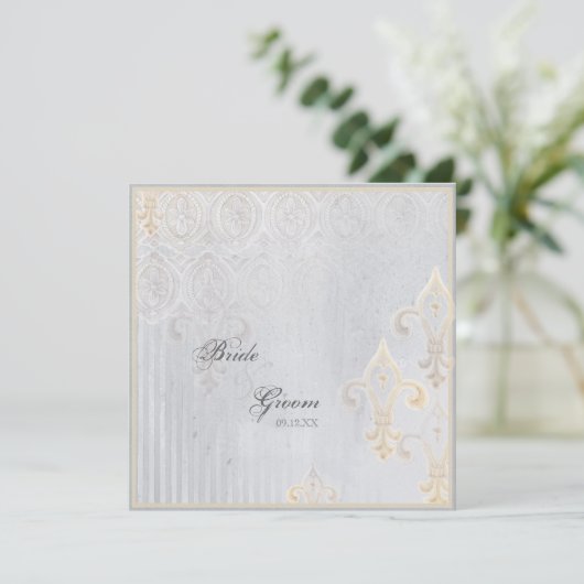 Fleur di Lys Damask 2 Gray Wedding Invitation Kaart (Staand voorkant)