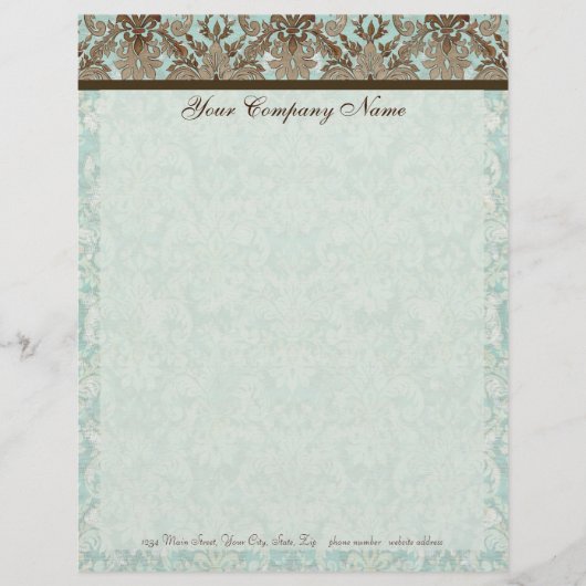 Fleur di Lys Damask Aqua & Brown Stationery Custom Briefhoofd (Voorkant)