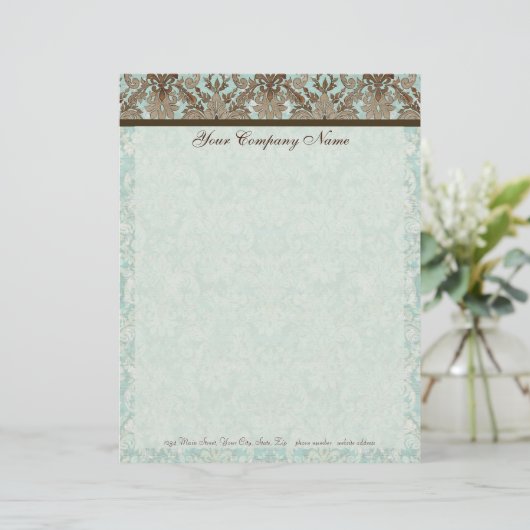 Fleur di Lys Damask Aqua & Brown Stationery Custom Briefhoofd (Staand voorkant)
