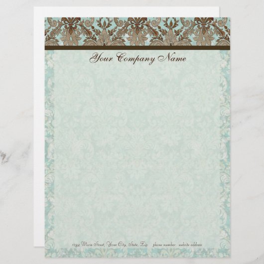 Fleur di Lys Damask Aqua & Brown Stationery Custom Briefhoofd (Voorkant / Achterkant)