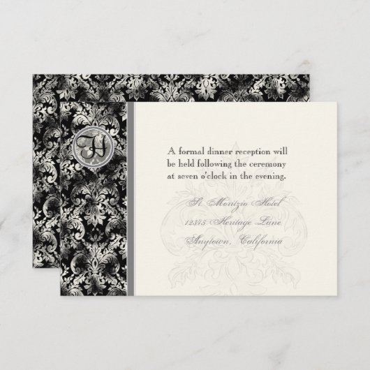 Fleur di Lys Damask - Black Reception Invitation Informatiekaartje (Voorkant / Achterkant)