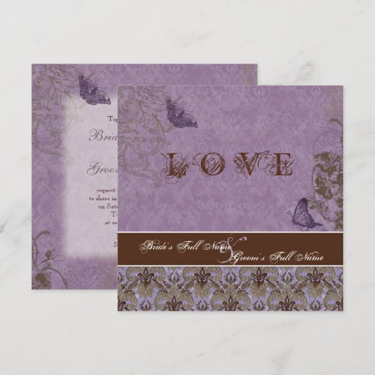 Fleur di Lys Damask - Dk Paars Wedding Invitation Kaart (Voorkant / Achterkant)