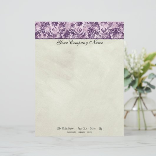 Fleur di Lys Damask Lila Stationery Briefhoofd Ontwerp (Staand voorkant)
