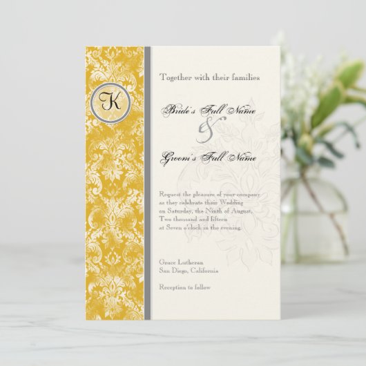 Fleur di Lys Damask - Mosterd bruiloft uitnodiging (Staand voorkant)