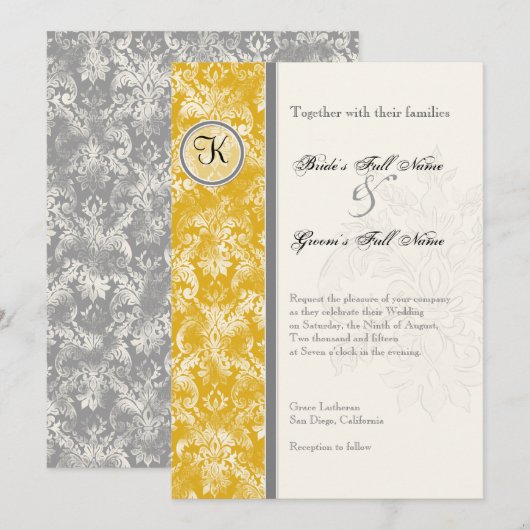 Fleur di Lys Damask - Mosterd bruiloft uitnodiging (Voorkant / Achterkant)
