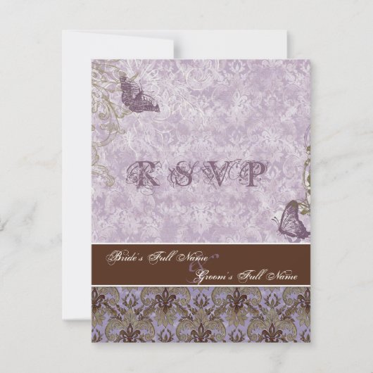 Fleur di Lys Damask - Paarse RSVP Response Kaart (Voorkant)