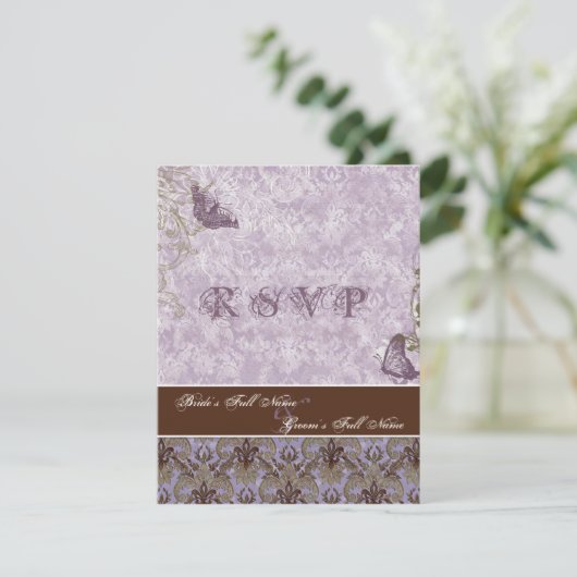 Fleur di Lys Damask - Paarse RSVP Response Kaart (Staand voorkant)