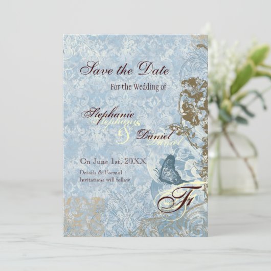 Fleur di Lys Damask - sla de datum bekendmaking op Save The Date (Staand voorkant)