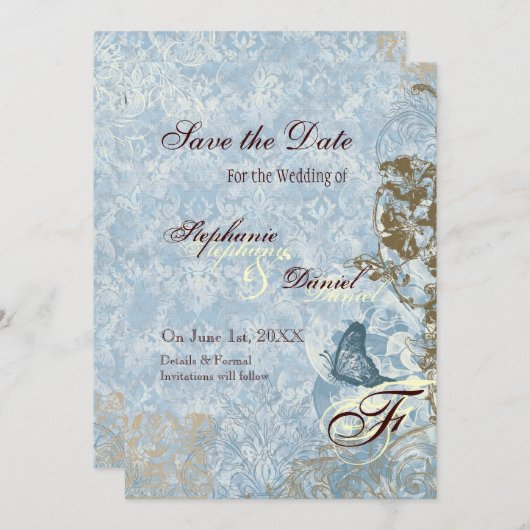 Fleur di Lys Damask - sla de datum bekendmaking op Save The Date (Voorkant / Achterkant)