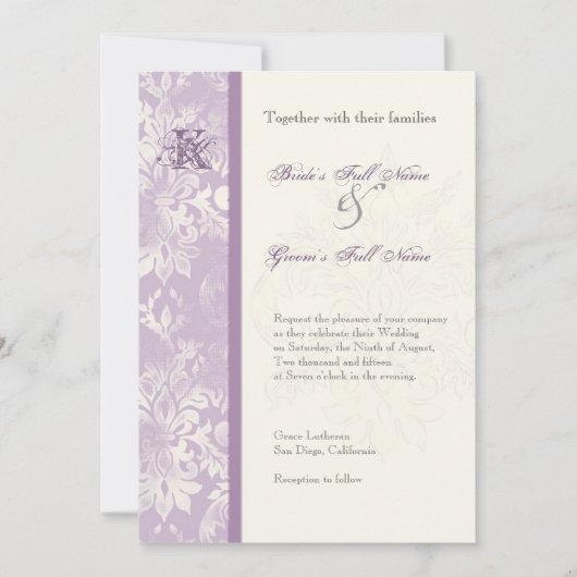 Fleur di Lys Damask - Uitnodiging tot Lila huwelij (Voorkant)