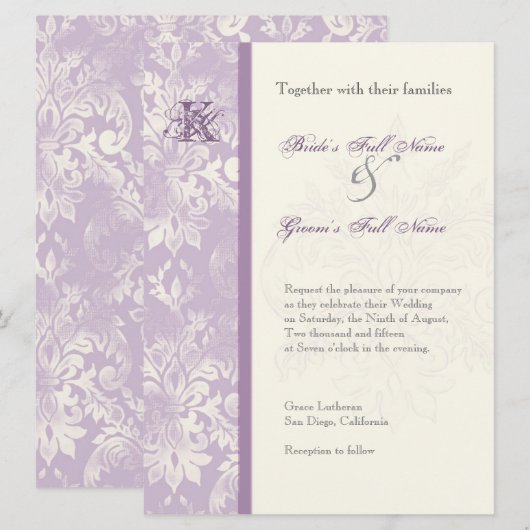 Fleur di Lys Damask - Uitnodiging tot Lila huwelij (Voorkant / Achterkant)