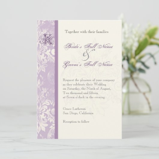 Fleur di Lys Damask - Uitnodiging tot Lila huwelij (Staand voorkant)