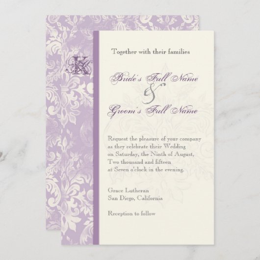 Fleur di Lys Damask - Uitnodiging tot Lila huwelij (Voorkant / Achterkant)