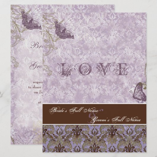 Fleur di Lys Damask - Uitnodiging voor Paarse brui (Voorkant / Achterkant)