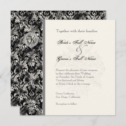 Fleur di Lys Damask - Zwarte bruiloft uitnodiging (Voorkant / Achterkant)