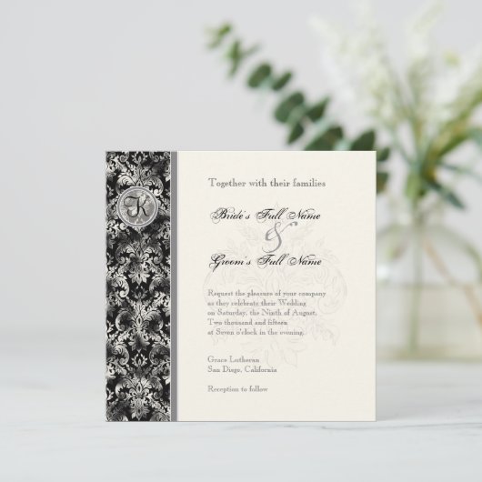 Fleur di Lys Damask - Zwarte bruiloft uitnodiging (Staand voorkant)
