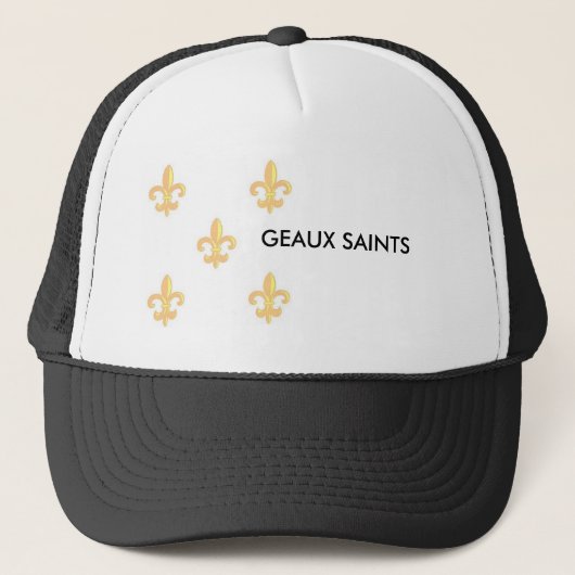 FleurdelisGoldonWhite 1, GEAUX SAINTS Trucker Pet (Voorkant)