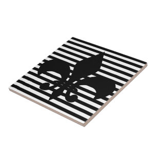 Fleurs-de-lis Black en White Striped Background Tegeltje