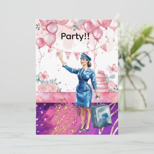 Flight attendant Birthday Party Kaart (Staand voorkant)