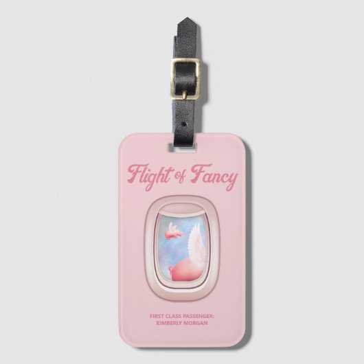 Flight of Fancy-Pigs Flying Past Airplane Window Bagagelabel (Voorkant (verticaal))