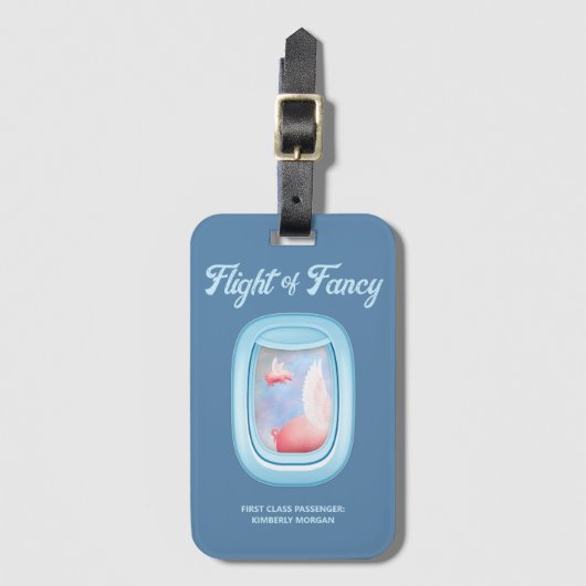 Flight of Fancy-Pigs Flying Past Airplane Window Bagagelabel (Voorkant (verticaal))
