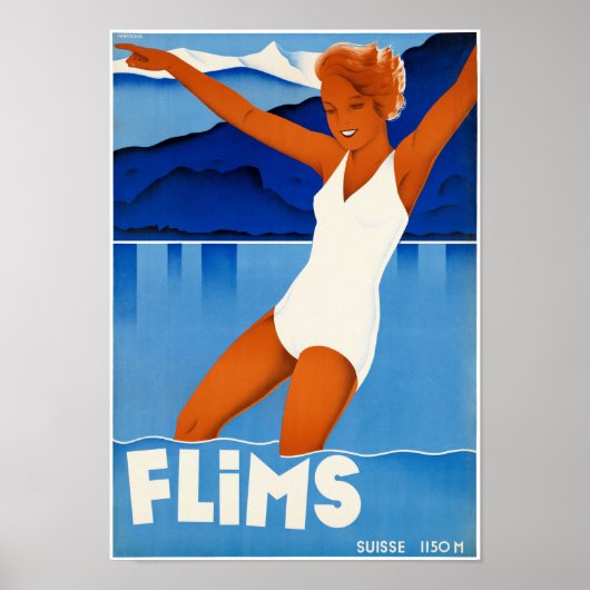 Flims Zwitserland Vintage Travel Poster teruggezet (Voorkant)