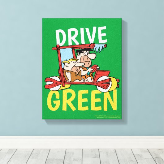 Flintstenen | Fred & Barney - Drive Green Canvas Afdruk (Insitu (Houten vloer))