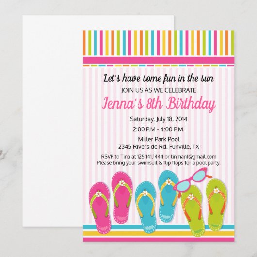 Flip Flop Birthday Party Invitation Pool Party Kaart (Voorkant / Achterkant)