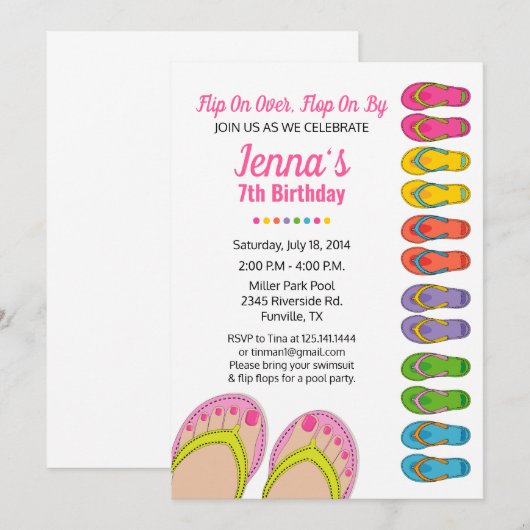 Flip Flop Birthday Party Invitation Pool Party Kaart (Voorkant / Achterkant)