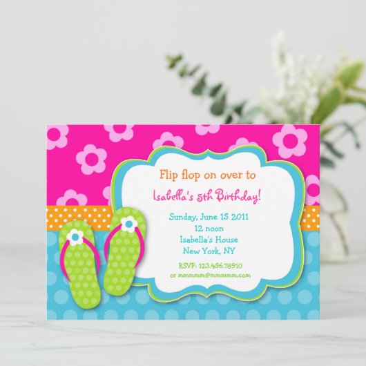 Flip Flop Luau Pool Party Birthday Invitations Kaart (Staand voorkant)