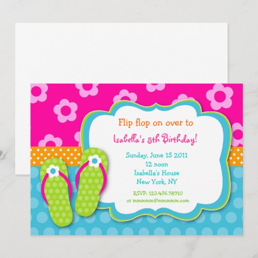 Flip Flop Luau Pool Party Birthday Invitations Kaart (Voorkant / Achterkant)