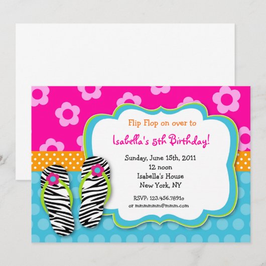 Flip Flop Luau Pool Party Birthday Invitations Kaart (Voorkant / Achterkant)